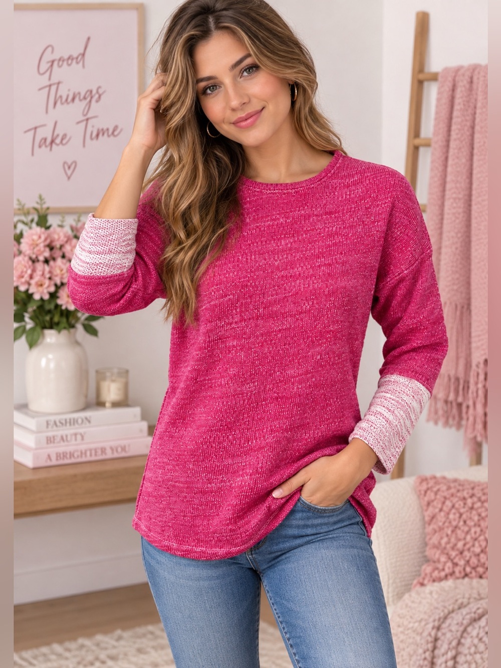Natori Pink Marled Knit Dolman Sleeve Sweater Size Small